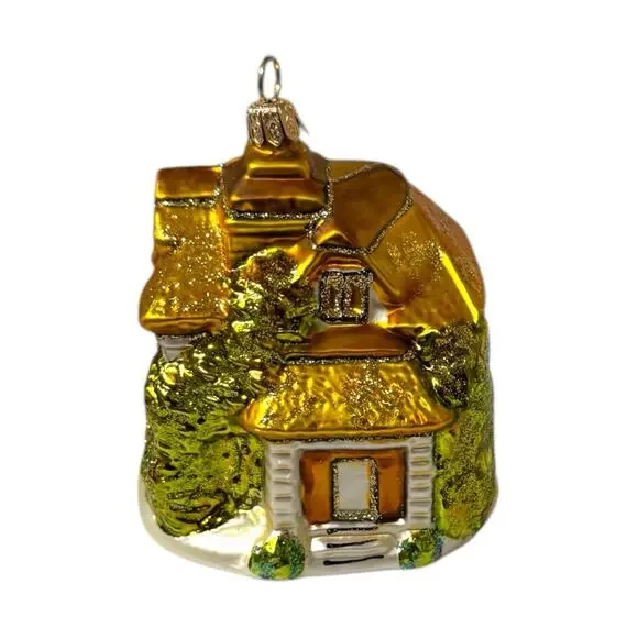 Blown Glass Cottage House Ornament‎ Gold White Glitter Large Vintage EUC