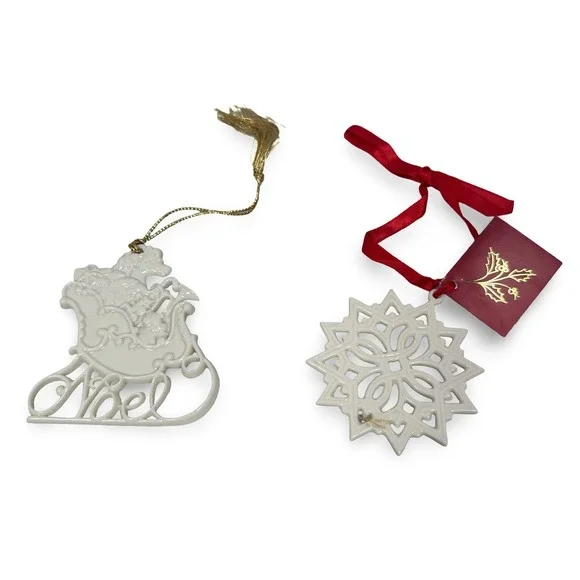 Lenox Porcelain Christmas Ornaments Set Noel Sleigh and Snowflake White Glazed