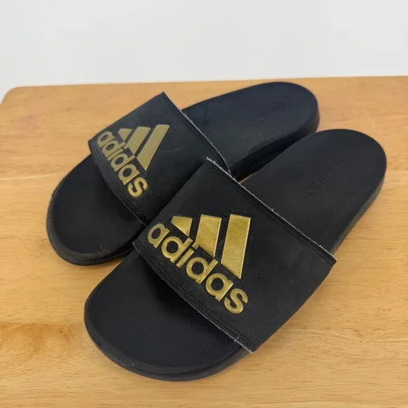 Adidas Adilette Comfort Slides Mens 7 Black Gold Sandal Sport Athleisure Slip On