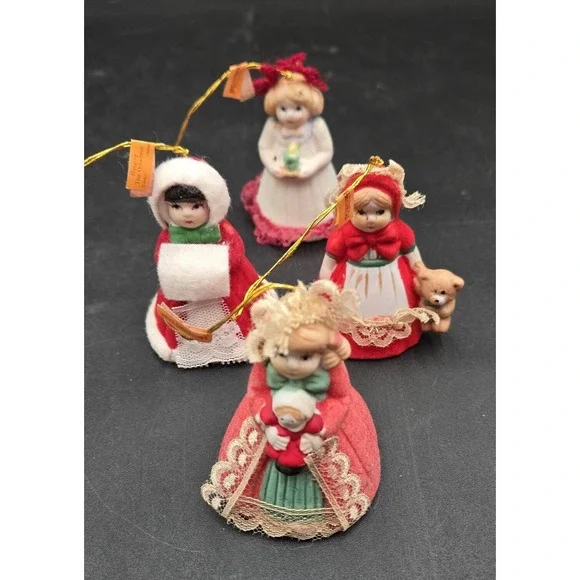 4 Vtg Bell Girl Figurine Figure Ornament‎ Christmas Caroler Jasco Taiwan