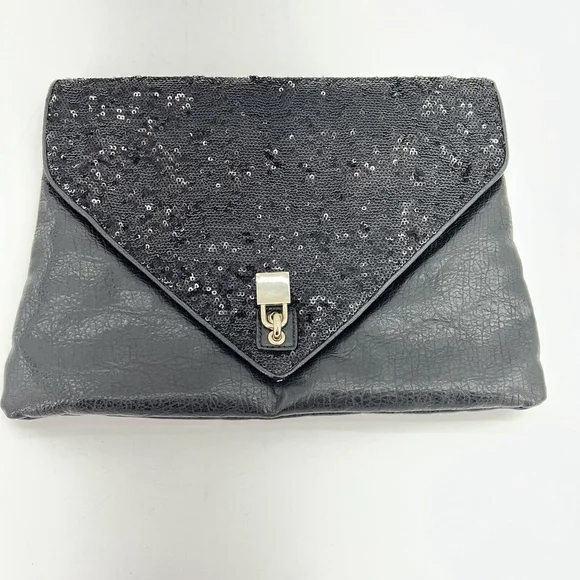 Alexis Hudson Black Leather Sequined Clutch Purse Handbag Faux Lock