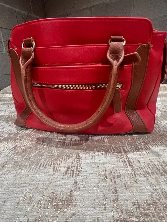 Red Women's Satchel Handbag with Brown Trim