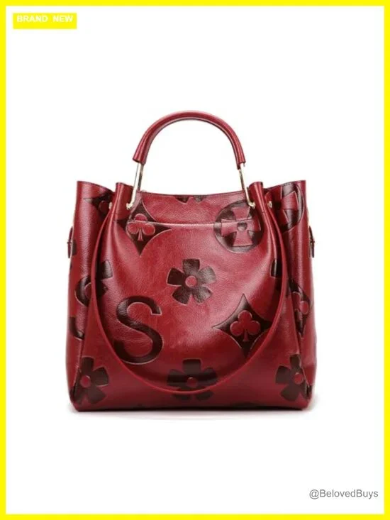 Faux Leather Embossed Floral Top Handle Handbag Set Large Shoulder Tote