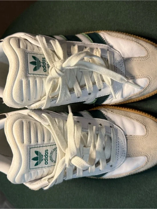adidas White Sneakers with Green Stripes and Gum Sole