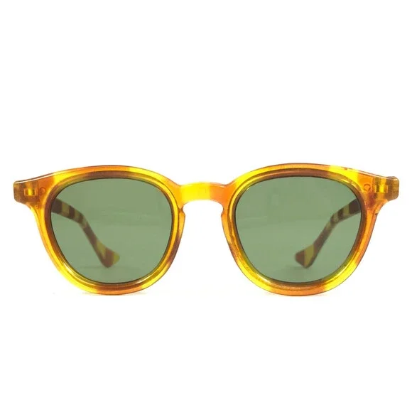 Vintage Sunglasses Yellow Brown Tortoise Round Frames with Green Glass Lenses