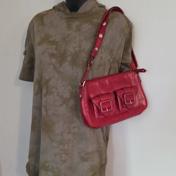 Kenneth Cole New York Red Leather‎ Classic Shoulder Bag with Pockets
