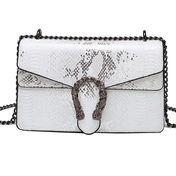 Snake Print Silver & White Chain Strap   Bag