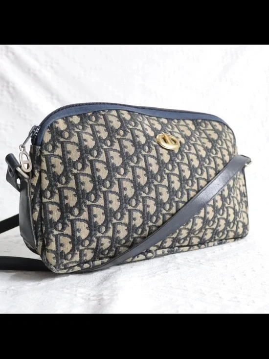 Dior Navy and Beige Monogram Shoulder Bag with Gold Accent