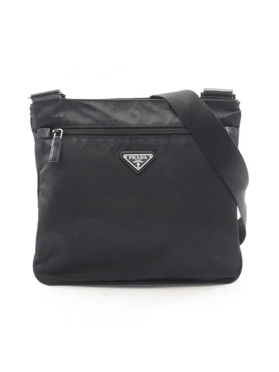 Prada Shoulder Bag Tessuto Saffiano Black Nylon Leather Triangle Logo