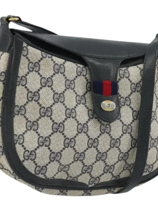 GUCCI GG Supreme Sherry Line Shoulder Bag PVC Navy Gold 10 02 056 Auth YKZ1259