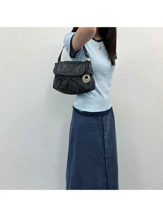 Fendi Mia Gather Shoulder Bag Leather Black Vintage