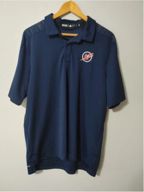 Men's Adidas Climalite Navy Blue Winnipeg Jets Polo Shirt L Red Adidas Accents
