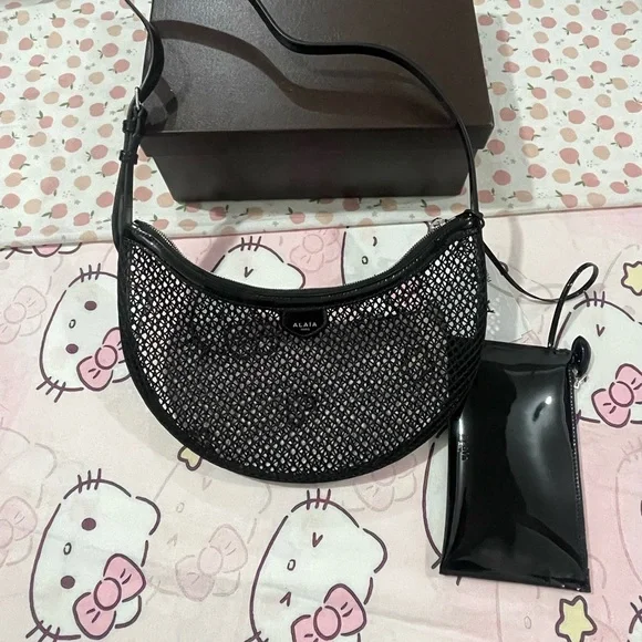 Alaïa Black Mesh Crescent Shoulder Bag with Glossy Pouch