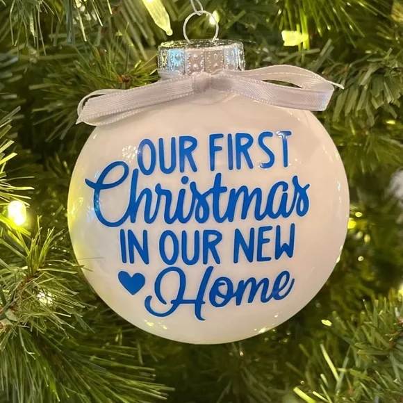 Our First Christmas New Home Ornament Blue White Glass 3.5