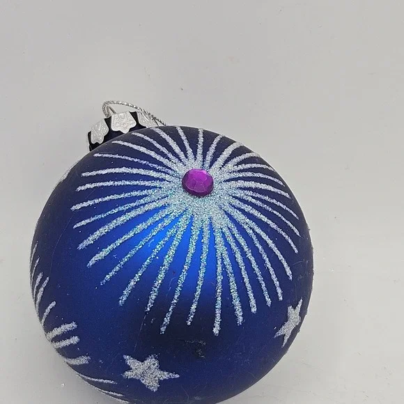 Vintage Blue Glass Christmas Ball Ornament Glitter Starburst Purple Jewel