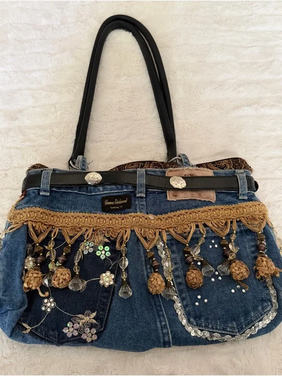 Embellished Denim Tote Bag with Beaded Fringe