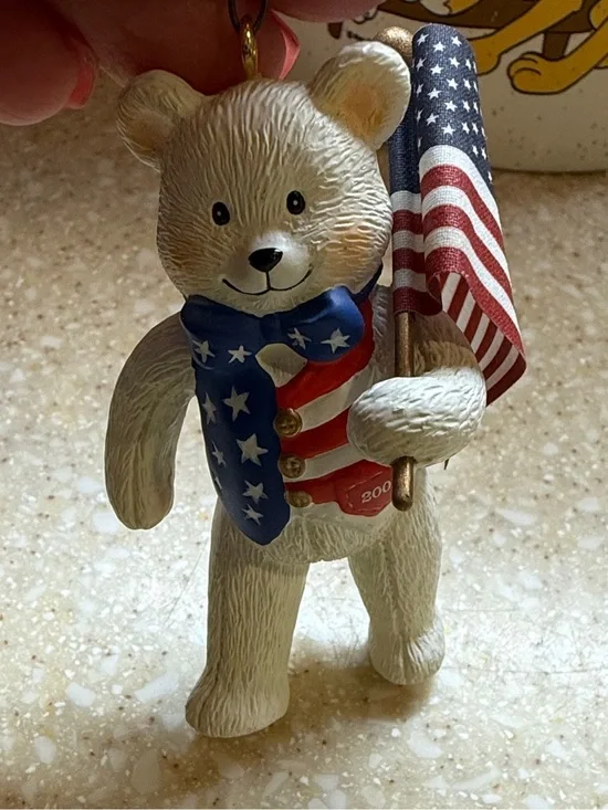 Patriotic Bear with Flag Christmas July 4th ornament in Red, White & Blue 2001