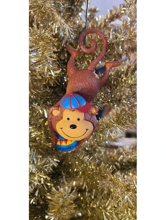 2009 BARREL OF FUN monkey Hallmark ornament   spunky GRANDSON curly tail hook