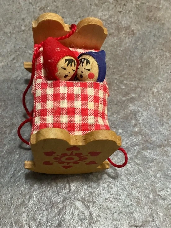 Wooden Holiday Cradle Ornament with Red Gingham Bedding made in Germany