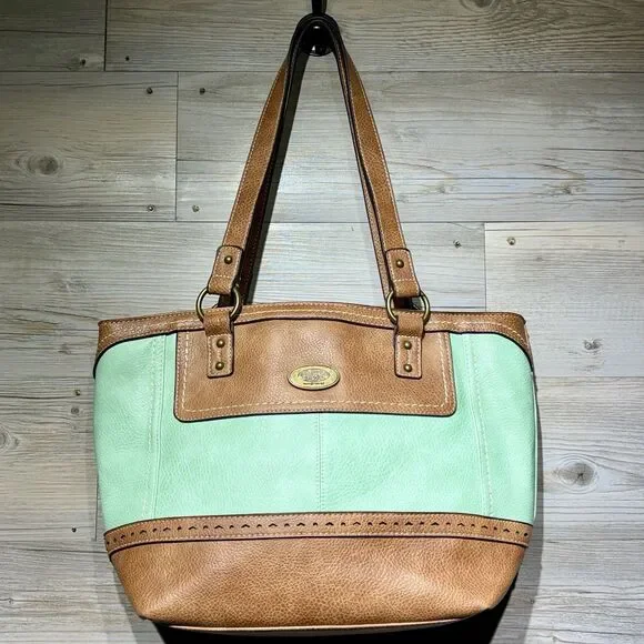 B.O.C Born Vegan Leather Vinyl Shoulder Handbag Aqua / Brown Boho Double Handle