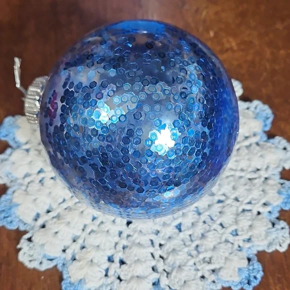Handmade Blue Sequin Holiday Ornament Crochet Acrylic