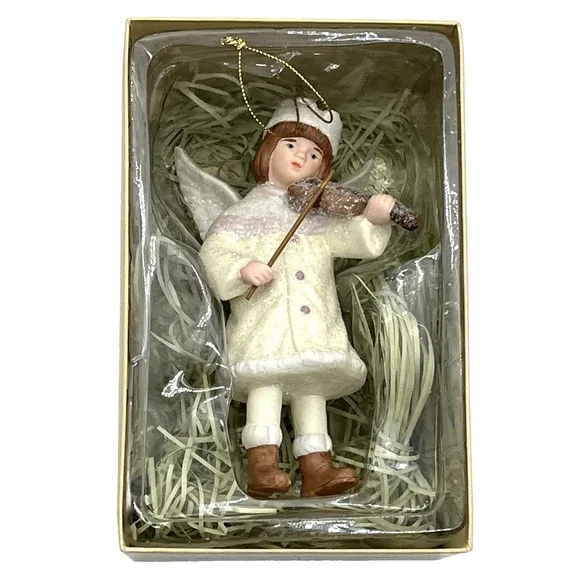 Vintage Costco Porcelain Snow Angel Wings Christmas Victorian Violin Ornament 5