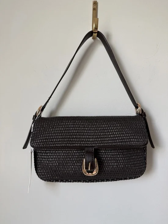 Dark Brown Woven Shoulder Bag with Gold Buckle