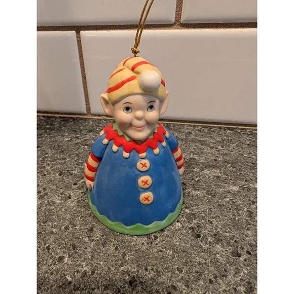 Vintage‎ Christmas Elf  Bell~ Ceramic Figurine clapper stocking feet 3 1/2 inch