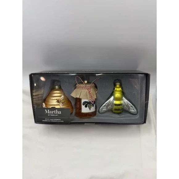 Martha Stewart Set of 2 Glass Plastic Ornaments Bee Jar