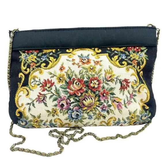 Vintage Walborg Floral Tapestry Crossbody Purse Black Shoulder Bag 1960s 1970s