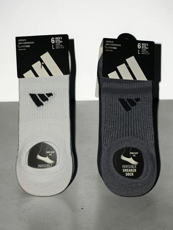 adidas Men's Invisible Sneaker Socks - White Or Dark Grayand Black (6 Pack)
