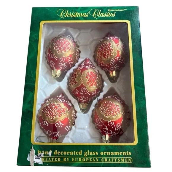 Vintage 70's Commodore Christmas Ornaments: Red & Gold Swirls, Set of 5 Glass