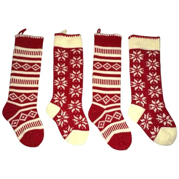 Set of 4‎ - Pier 1 Imports Family Christmas Stocking Red & Cream EUC