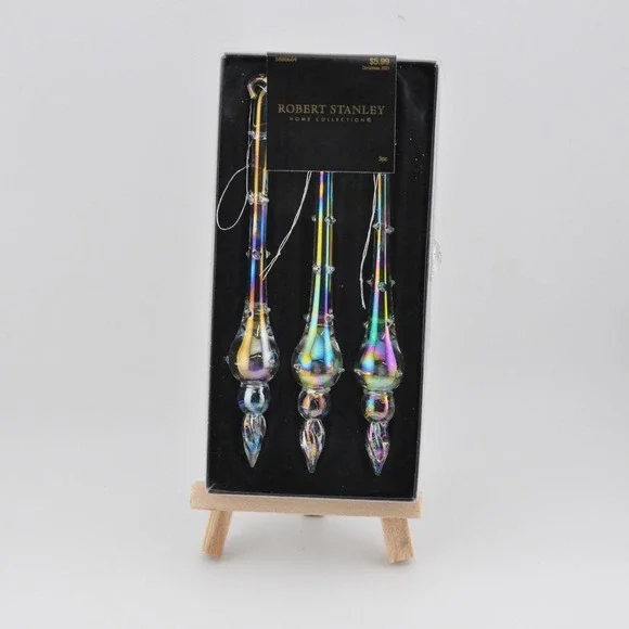 Robert Stanley Icicle Ornaments 3pc Iridescent Glass New Holiday Decor 2021‎