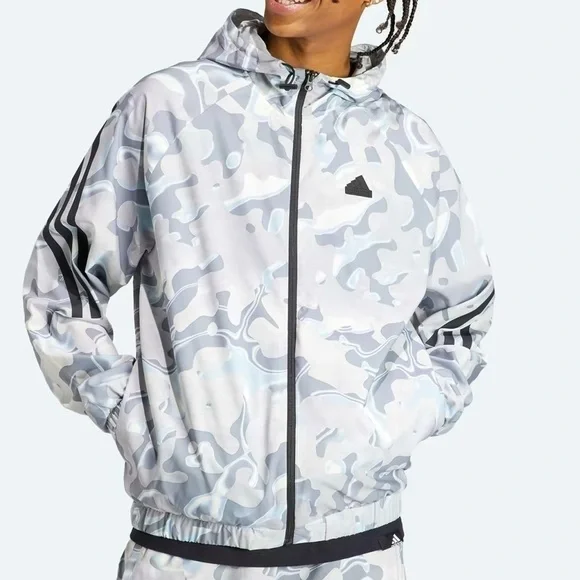 Adidas mens track‎ white & grey all over print lightweight hoodie Sz-XS. Z9