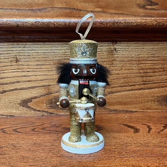 Wooden Gold and Silver Glitter African American Drummer Nutcracker Ornament
