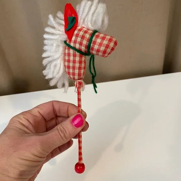 Vintage Hobby Horse Christmas Ornament Red & White‎ Checkered 8”