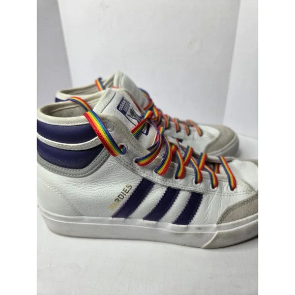 Adidas Matchcourt High RX Hardies White Purple Rainbow Laces F36438‎ Mens 5.5