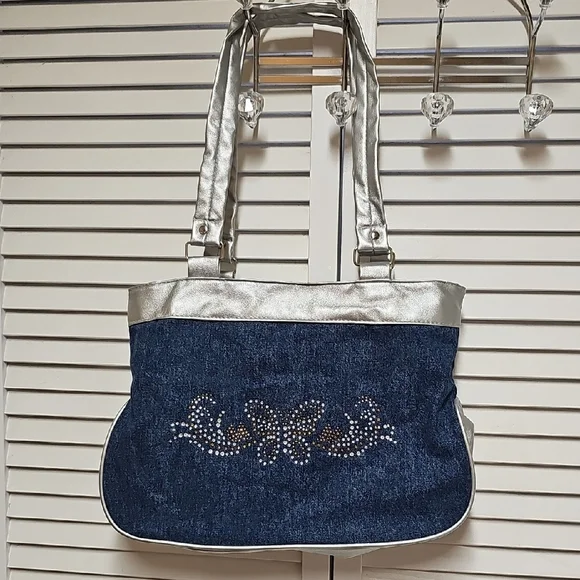 Vintage New Blair Navy Denim Shoulder Bag with Silver Trim Butterfly Rhinestones