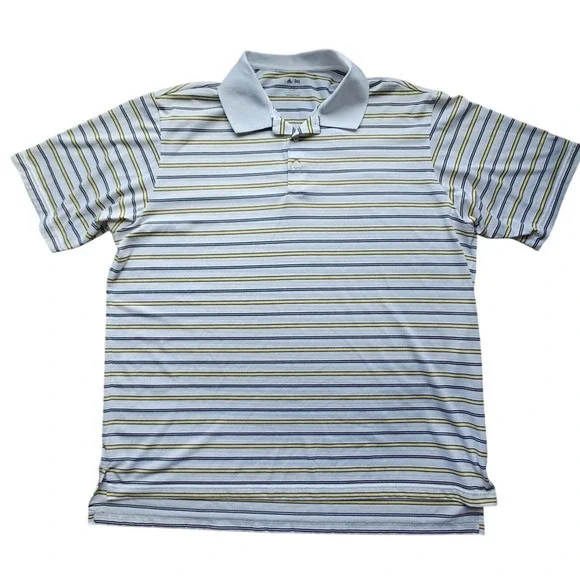Adidas Golf Mens 2XL‎ Striped Polo Shirt White Blue Yellow Short Sleeve RN 88387