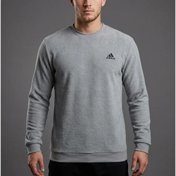 Adidas Sweatshirt Men's L Gray Fleece Terry Crew Neck Long Sleeve Pullover Logo‎