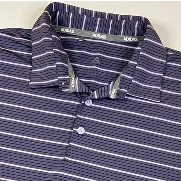 Adidas‎ Polo Shirt Mens L Purple Striped Stretch Comfort Golf Athletic Preppy