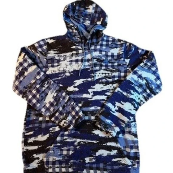 Adidas Hoodie Mens Medium Blue‎ Black Buffalo Plaid Camo Fleece Pullover Graphic