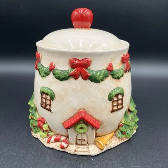 Cookie Jar Gingerbread House Trees Bows Candy Cane Crackle Effect Christmas
