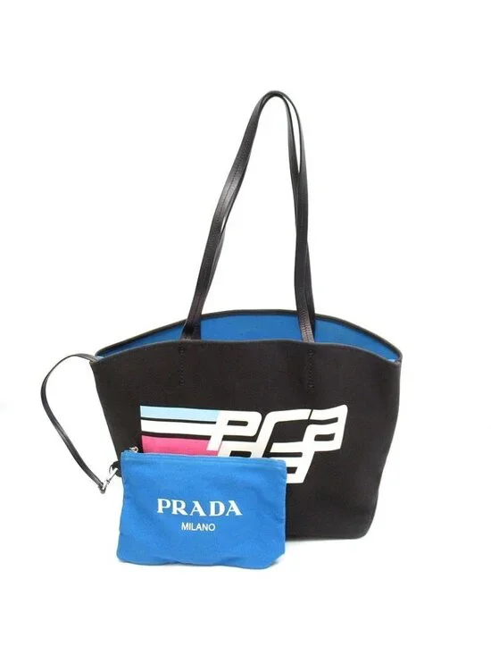 Prada Tote Canvas Leather Shoulder Bag Black