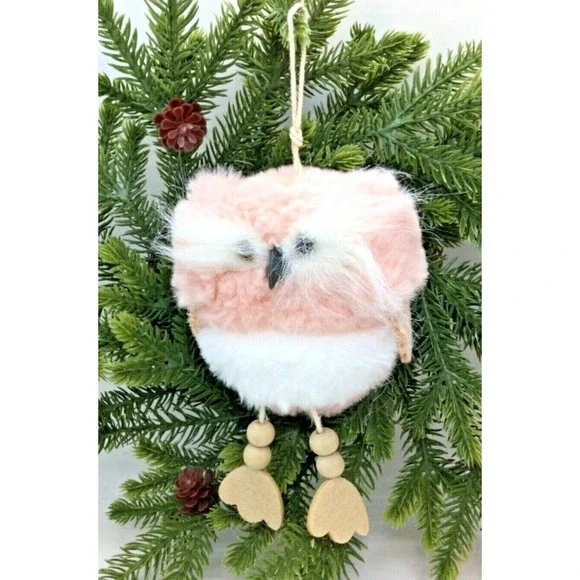 Pink Fuzzy Owl Christmas Tree Ornament Wooden Legs White Bushy Eyebrows‎