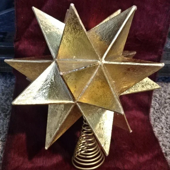 Vintage Gold Moravian Star Christmas Tree Topper Metal Spring 3D 9