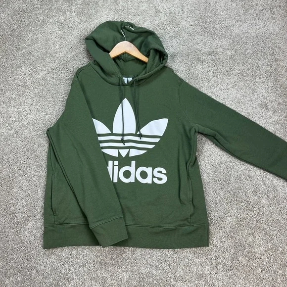 Adidas Hoodie Mens Large Olive Green Pullover Side Pockets Trefoil‎ Logo EUC