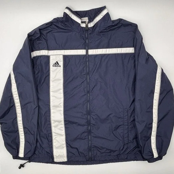 Adidas Windbreaker Jacket Mens XL Navy Blue White Striped Vintage Full Zip Vtg