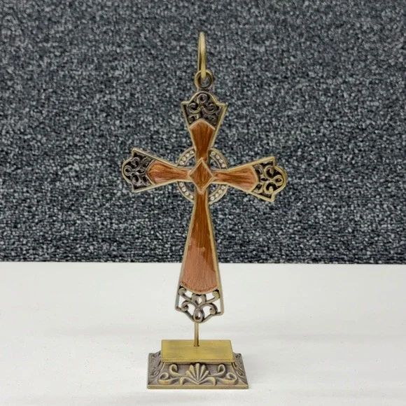 Celtic Cross Ornament with Stand Antique Brass‎ Brown Enamel Rhinestone 5 Inch